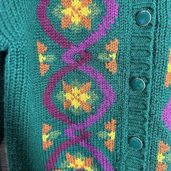 Vintage Russ Cardigan Sweater Women Small Green Acrylic Wool 90s FLowers - Picture 4 of 10